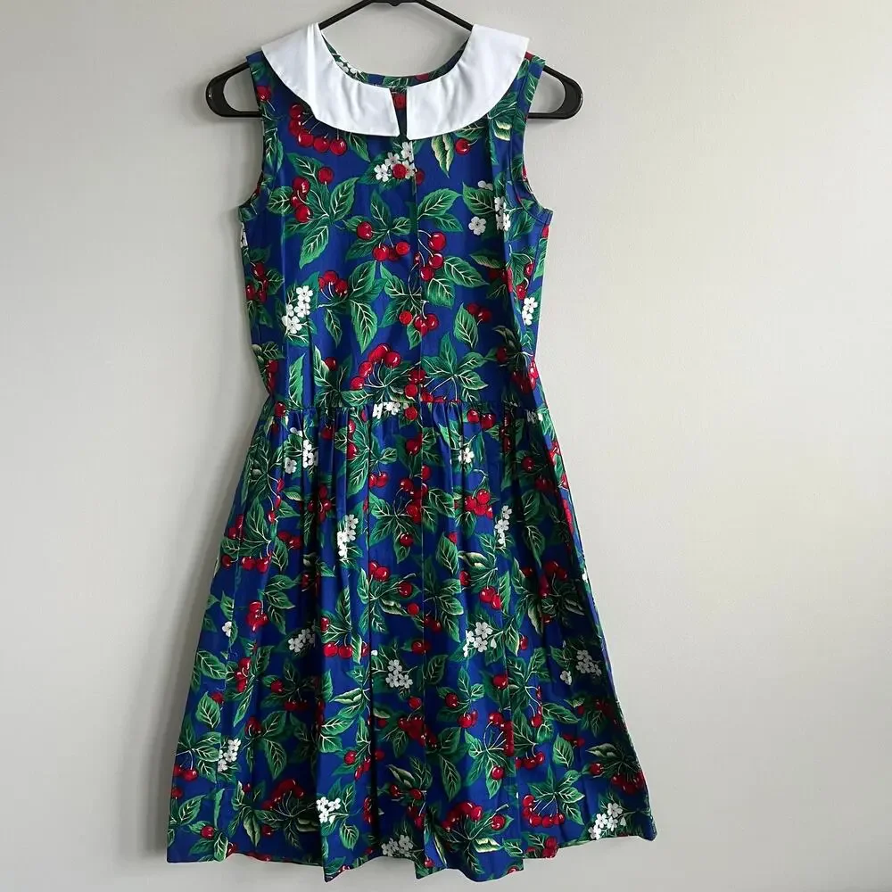 Vintage Just Ducky White Collar Fit Flare Dress Blue Cherry Print Sleeveless 14